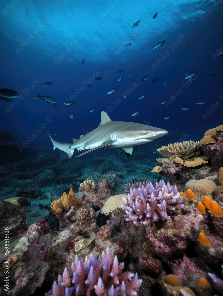 Fototapeta premium A black tip shark swimming a the coral reef.. AI generation.