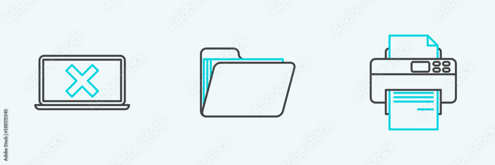 Obraz premium Set line Printer, Laptop and cross mark on screen and Document folder icon. Vector
