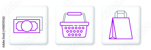 Set line Paper shopping bag, Stacks paper money cash and Shopping basket icon. Vector