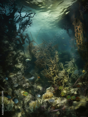 The slowmoving murky waters hide a magical world of underwater life.. AI generation.
