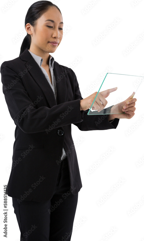 Smiling female executive using glass digital tablet Smiling female executive using glass digital tablet