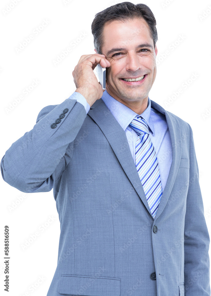 Portrait of a successful businessman on phone against white Portrait of a successful businessman on phone against white