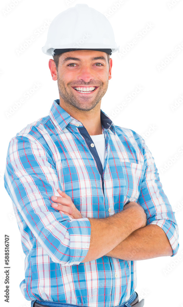 Confident manual working wearing hardhat Confident manual working wearing hardhat