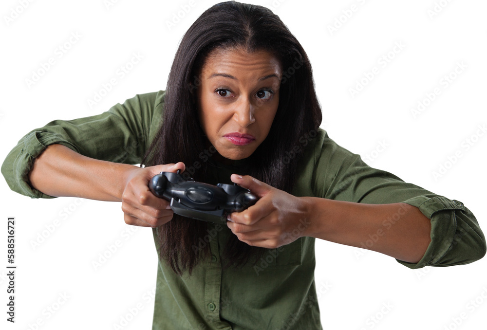 Woman making funny faces while playing video games Woman making funny faces while playing video games