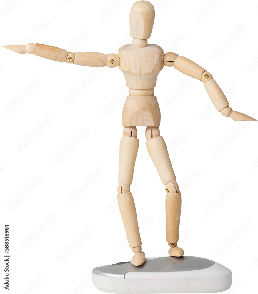 3d illustration of wooden figurine standing on computer mouse 3d illustration of wooden figurine standing on computer mouse