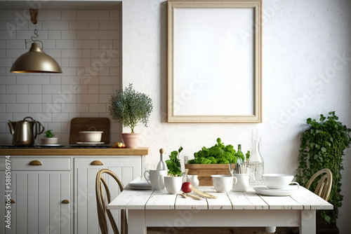 White wood frames the provence kitchen table. designless. Generative AI photo