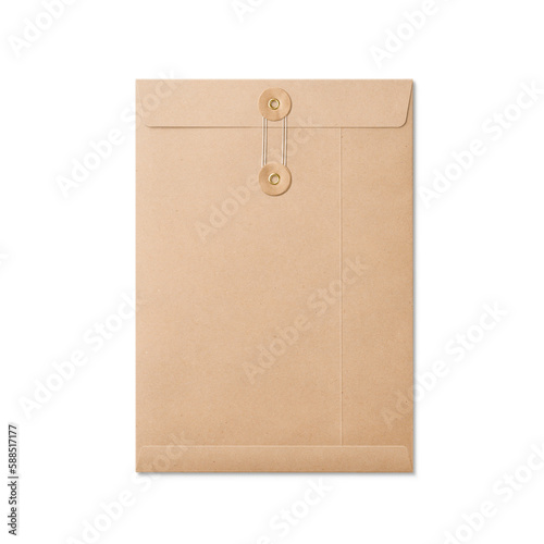 Kraft paper A4/C4 size string and washer envelope isolated on a transparent background, PNG. High resolution.