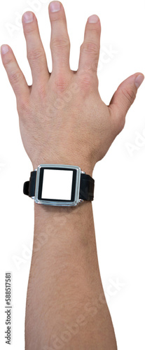 Cropped hand of man wearing smart watch