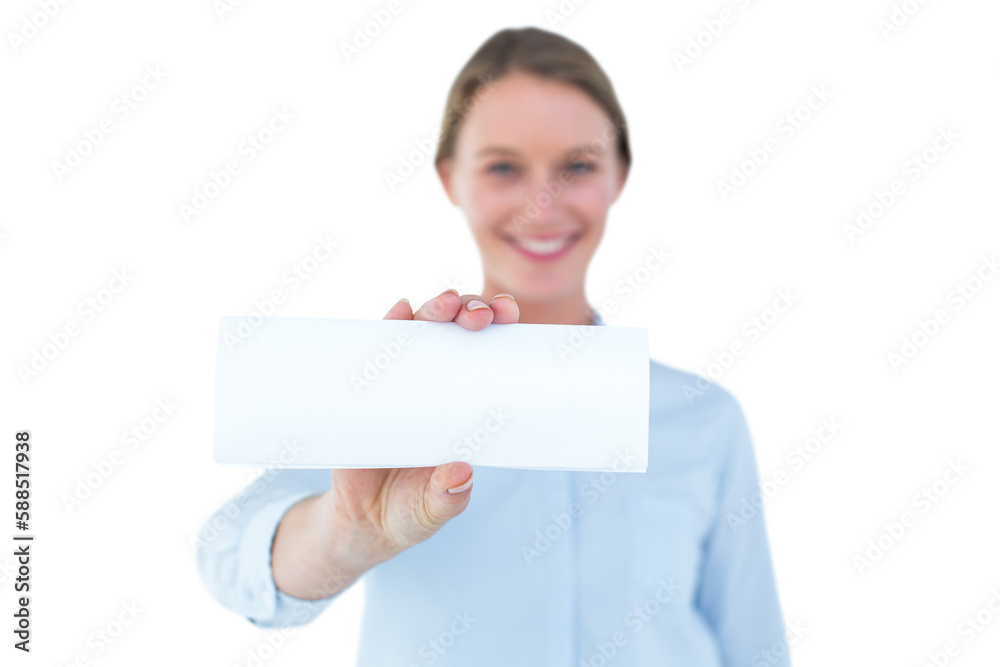 Businesswoman showing her business card Businesswoman showing her business card