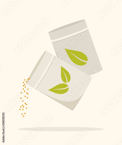 Bags with plant seeds on a beige background. Seeds spilling out from an open bag. Flat vector illustration
