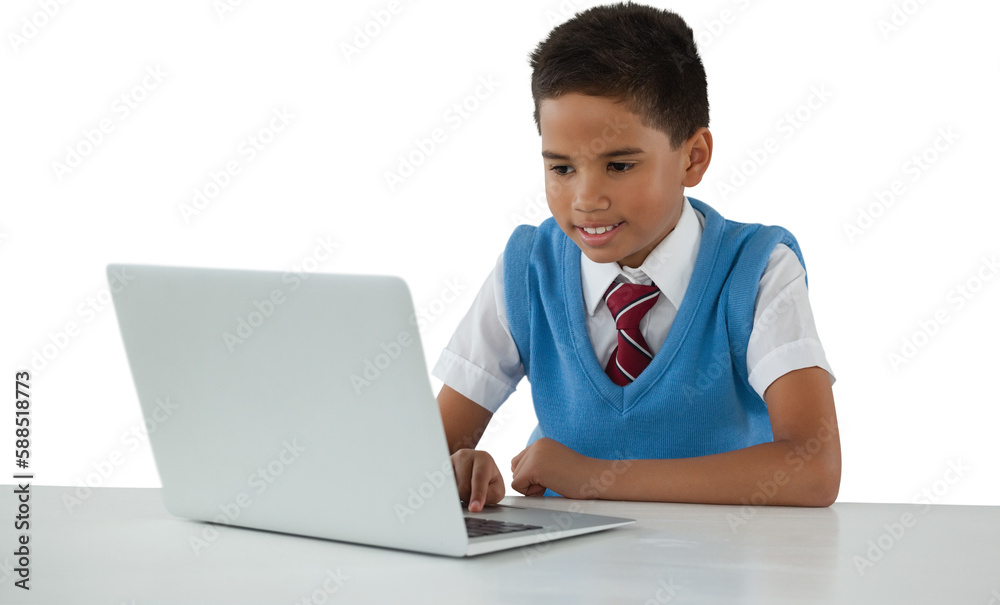 Schoolboy using laptop over white background Schoolboy using laptop over white background