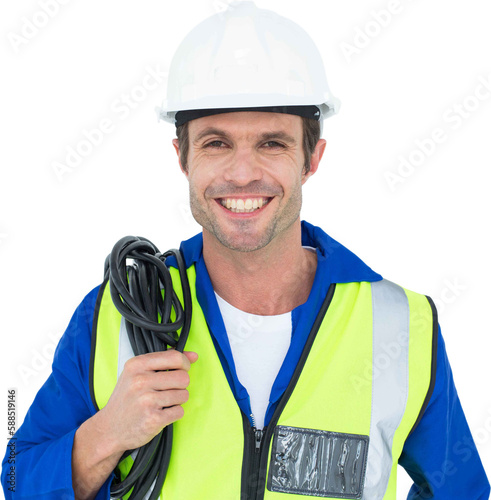 Confident electrician with wire against white background