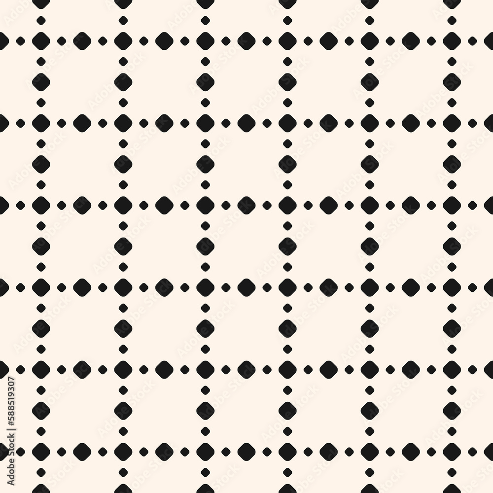 Polka dot seamless pattern, vector subtle dotted texture. Abstract monochrome background with different small circles in square geometric grid. Repeat design element for package, prints, decor, wrap
