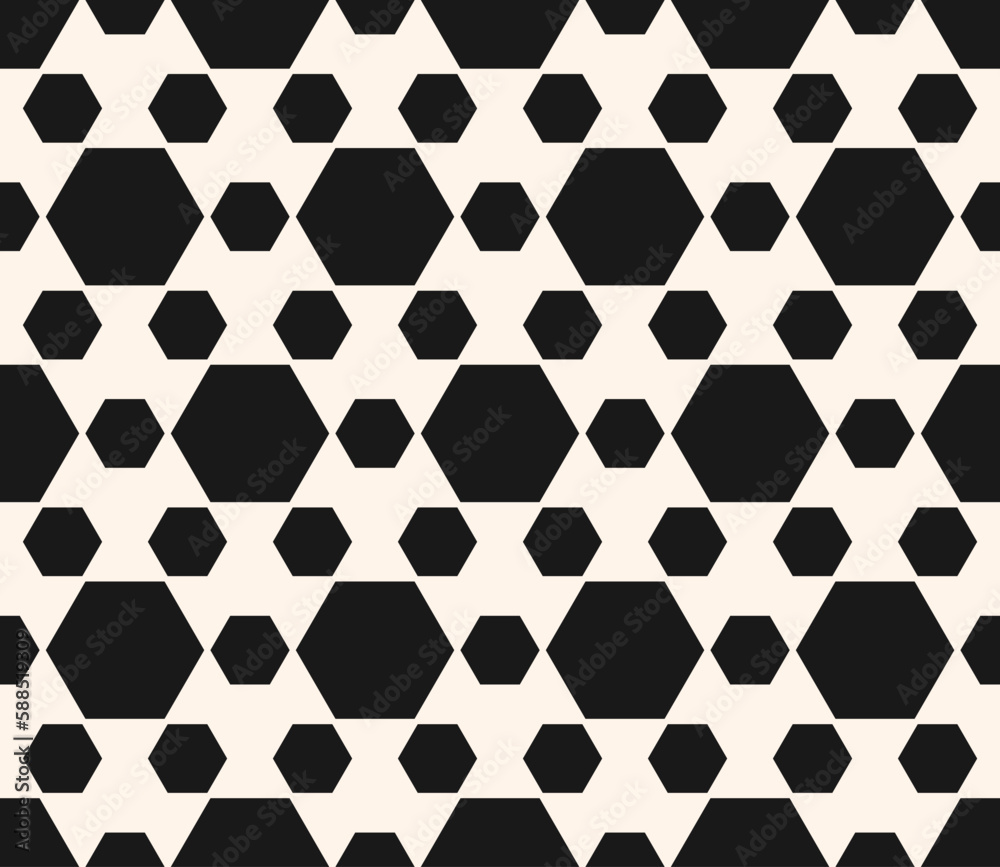 Monochrome seamless pattern, vector abstract endless black and white geometric background. Simple modern wallpaper with different sized hexagons. Repeat tiles. Design for print, furniture, fabric Monochrome seamless pattern, vector abstract endless black and white geometric background. Simple modern wallpaper with different sized hexagons. Repeat tiles. Design for print, furniture, fabric