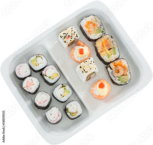 Sushi served in white plate over white background