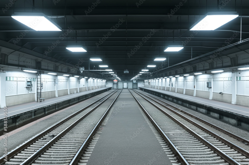 Fototapeta premium Subway station at night, eerie atmosphere of anticipation and mystery