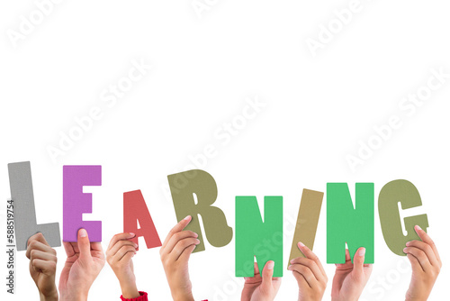 Cropped hands holding colorful word learning