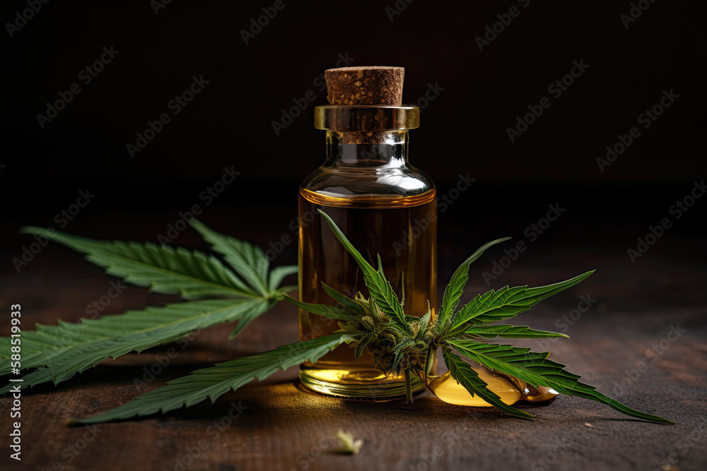 Cannabis leaves and oil on wooden background. CBD oil hemp products, medical marijuana, created with Generative AI Cannabis leaves and oil on wooden background. CBD oil hemp products, medical marijuana, created with Generative AI