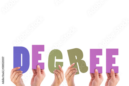 Cropped hands holding colorful word degree