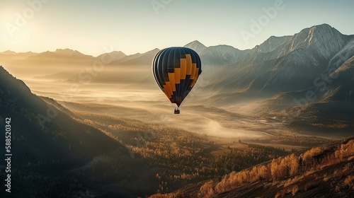 A hot air balloon soaring over a mountain range at sunrise. Generative AI