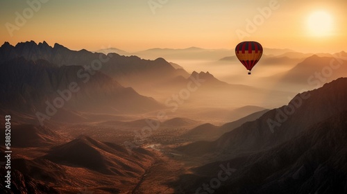 A hot air balloon soaring over a mountain range at sunrise. Generative AI © Наталья Евтехова