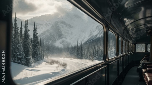 A scenic train journey through a snow-covered mountain range. Generative AI