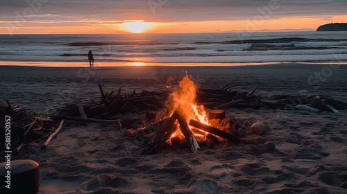 A campfire on a beach at sunset with the ocean waves in the background. Generative AI