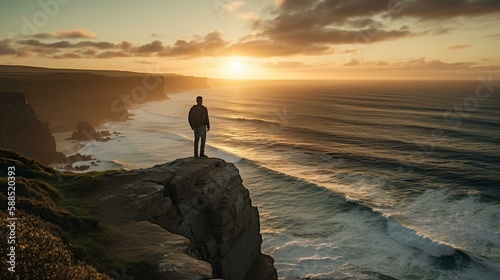 A person standing on a cliff watching a sunset over the ocean. Generative AI