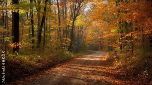 A scenic drive through a forest with autumn leaves falling. Generative AI