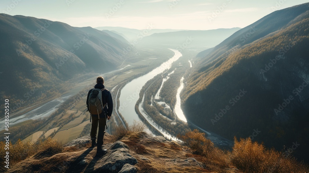 A person standing on a mountain peak with a view of a valley and a river below. Generative AI