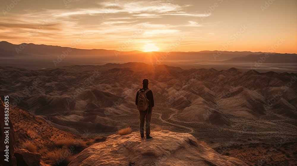 A person standing on a cliff watching a sunset over a desert landscape. Generative AI A person standing on a cliff watching a sunset over a desert landscape. Generative AI