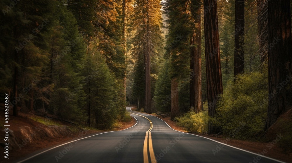 Fototapeta premium A scenic drive through a winding road surrounded by tall pine trees. Generative AI
