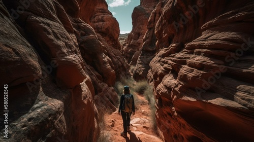 A person hiking through a canyon with towering red rock formations on either side. Generative AI