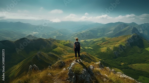 A person standing on a mountain peak with a panoramic view of a green valley below. Generative AI