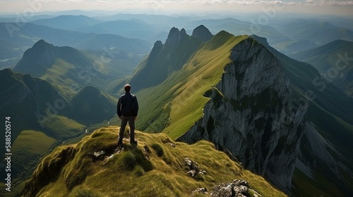 A person standing on a mountain peak with a panoramic view of a green valley below. Generative AI © Наталья Евтехова