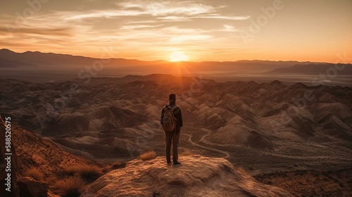 A person standing on a cliff watching a sunset over a desert landscape. Generative AI © Наталья Евтехова