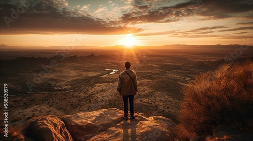A person standing on a cliff watching a sunset over a desert landscape. Generative AI