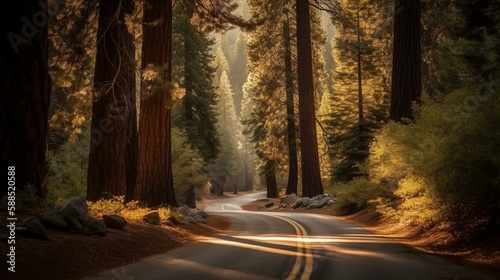 A scenic drive through a winding road surrounded by tall pine trees. Generative AI