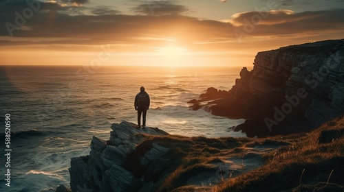 A person standing on a cliff watching a sunset over a calm ocean. Generative AI