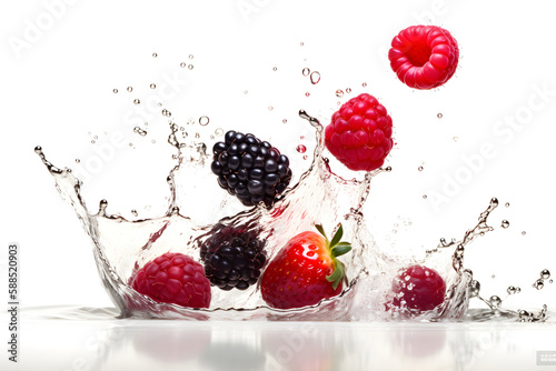 Water Splash with strawberry  raspberry and blackberry isolated white background  generative ai.