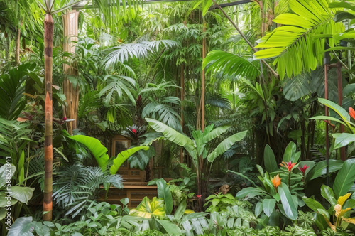 A tropical paradise of green plants and trees