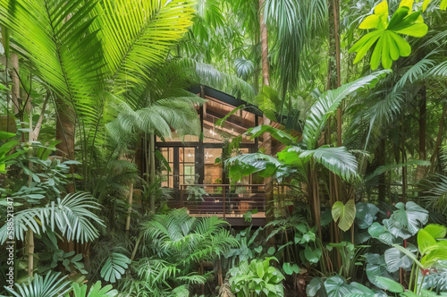 Green paradise in the middle of the jungle with a cabin