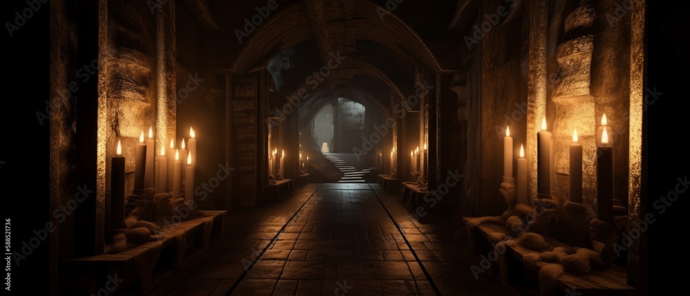 Long narrow corridor illuminated by torches on both sides, creating a dimly lit and mysterious atmosphere. Generative AI