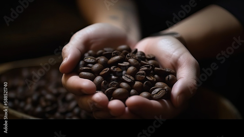 Zwei Hände halten geröstete Kaffeebohnen (Generative AI)