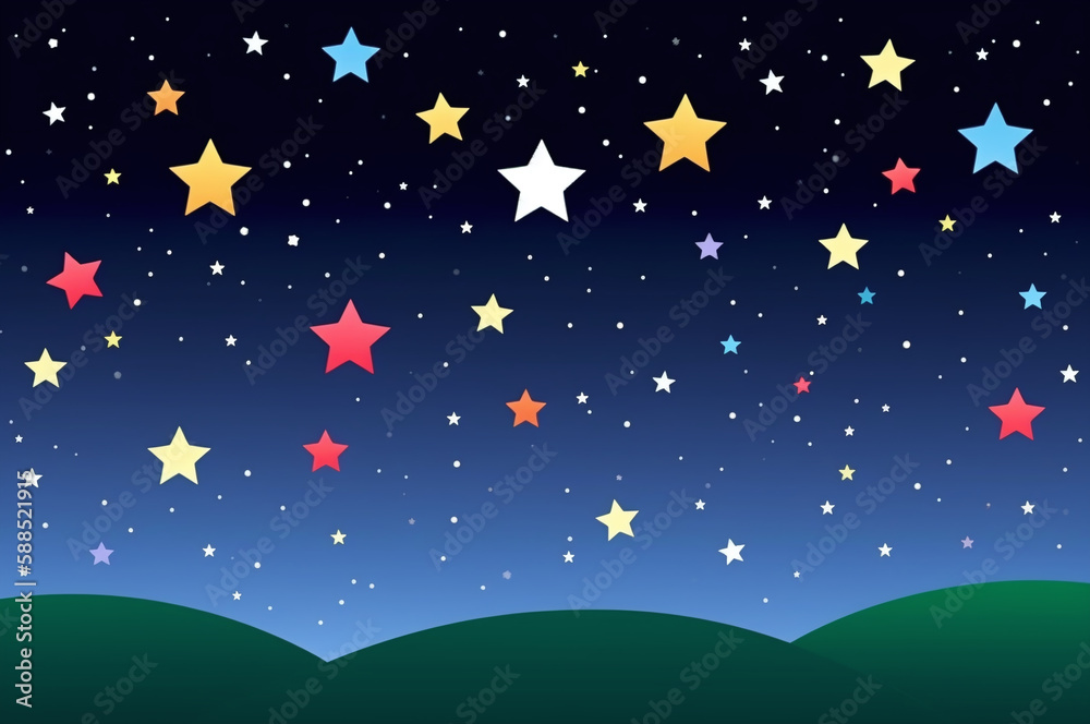 Fototapeta premium Starry night sky with colorful stars cartoon illustration