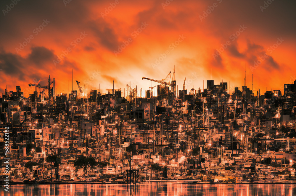 Urban skyline engulfed in a fiery sunset