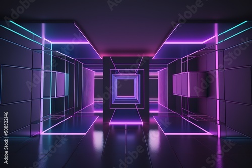 Futuristic empty room, neon glow