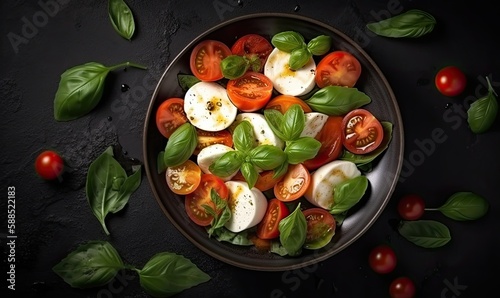 Caprese salad, Italian famous salad with fresh tomatoes, mozzarella cheese and basil, generative AI