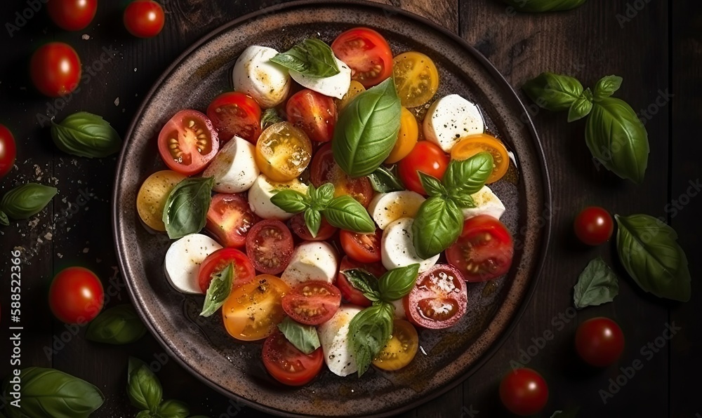 Caprese salad, Italian famous salad with fresh tomatoes, mozzarella cheese and basil, generative AI