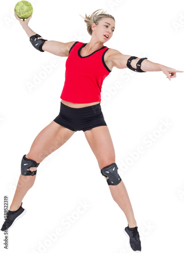 Female athlete with elbow pad throwing handball